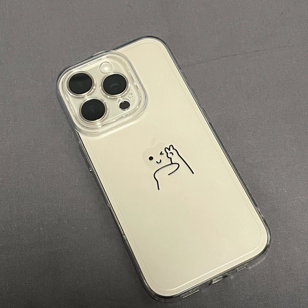 Apple Clear Phone Case with White Back and Minimal Cartoon Figure